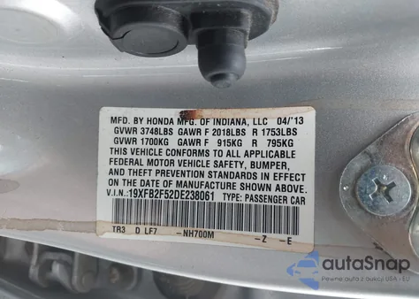 2013 Honda Civic Lx из США, поврежденный, VIN 19XFB2F52DE238061